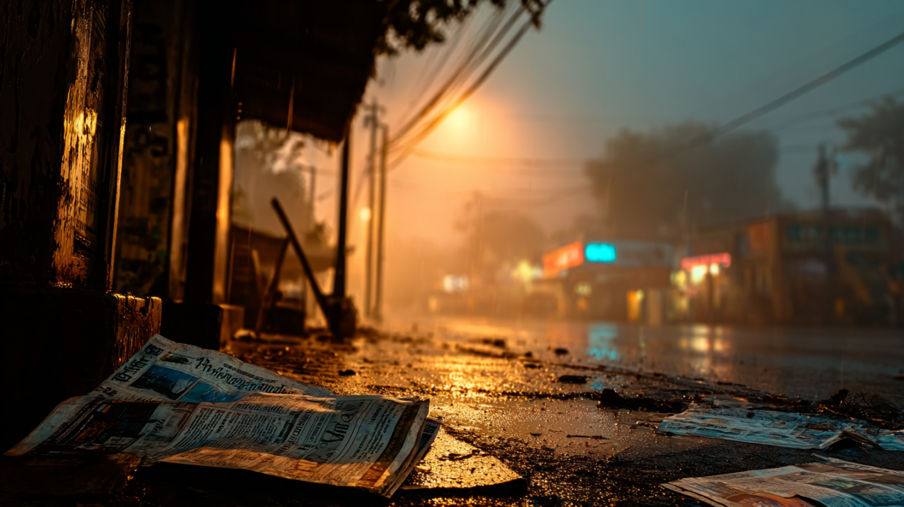 Alt-Text: Verdreckte Zeitungsfetzen liegen im Morgenwind auf einer nassen Straße vor einer Rotationshalle.