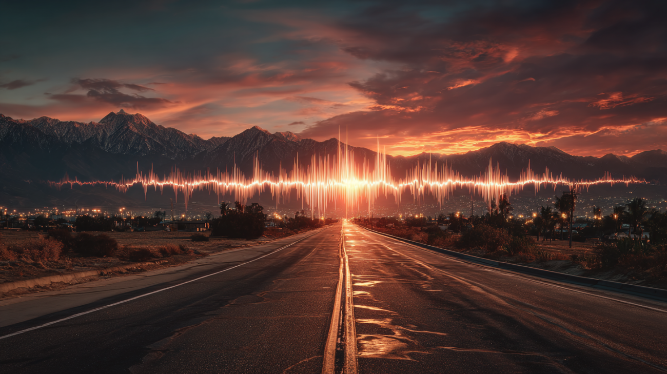 Eine nächtliche Straße mit Lichtspuren, die an eine Klangbewegung erinnert.
