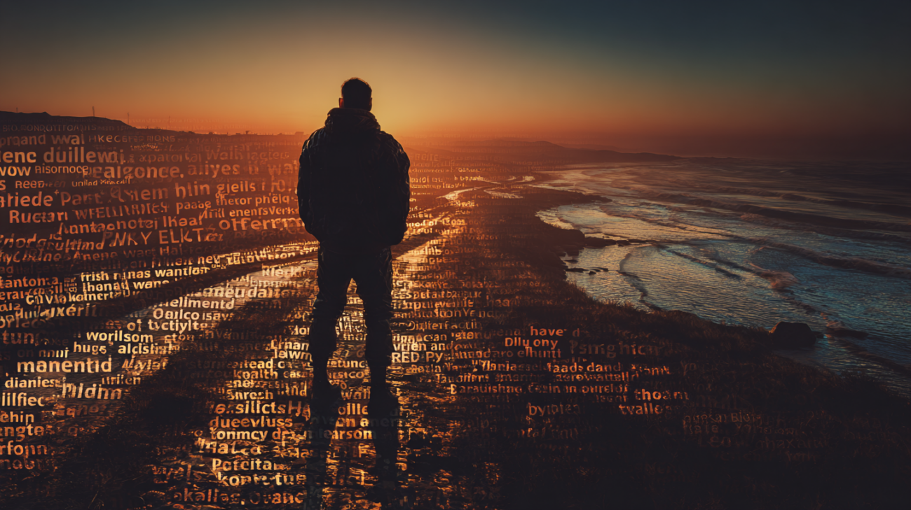 Eine ruhige Figur im Halblicht vor einer bildhaften, textnahen Landschaft des RoadStones-Universums.