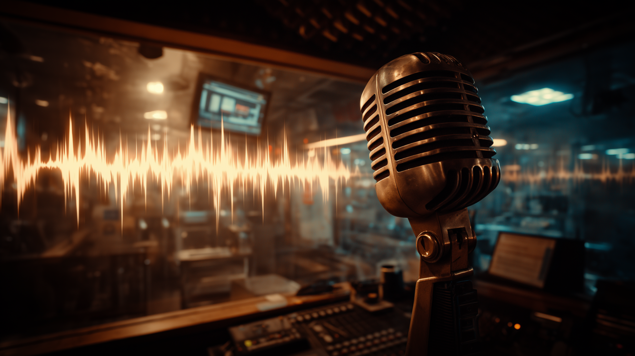 Ein Mikrofon im dunklen Studio, darüber feine Signalwellen und analoges Rauschen.