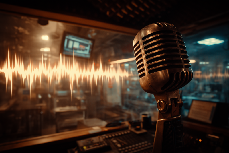 Ein Mikrofon im dunklen Studio, darüber feine Signalwellen und analoges Rauschen.