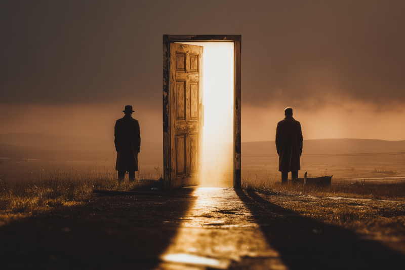 Eine ruhige, dunkle Szene mit Abstand, Licht aus einer offenen Tür und viel Leerraum.