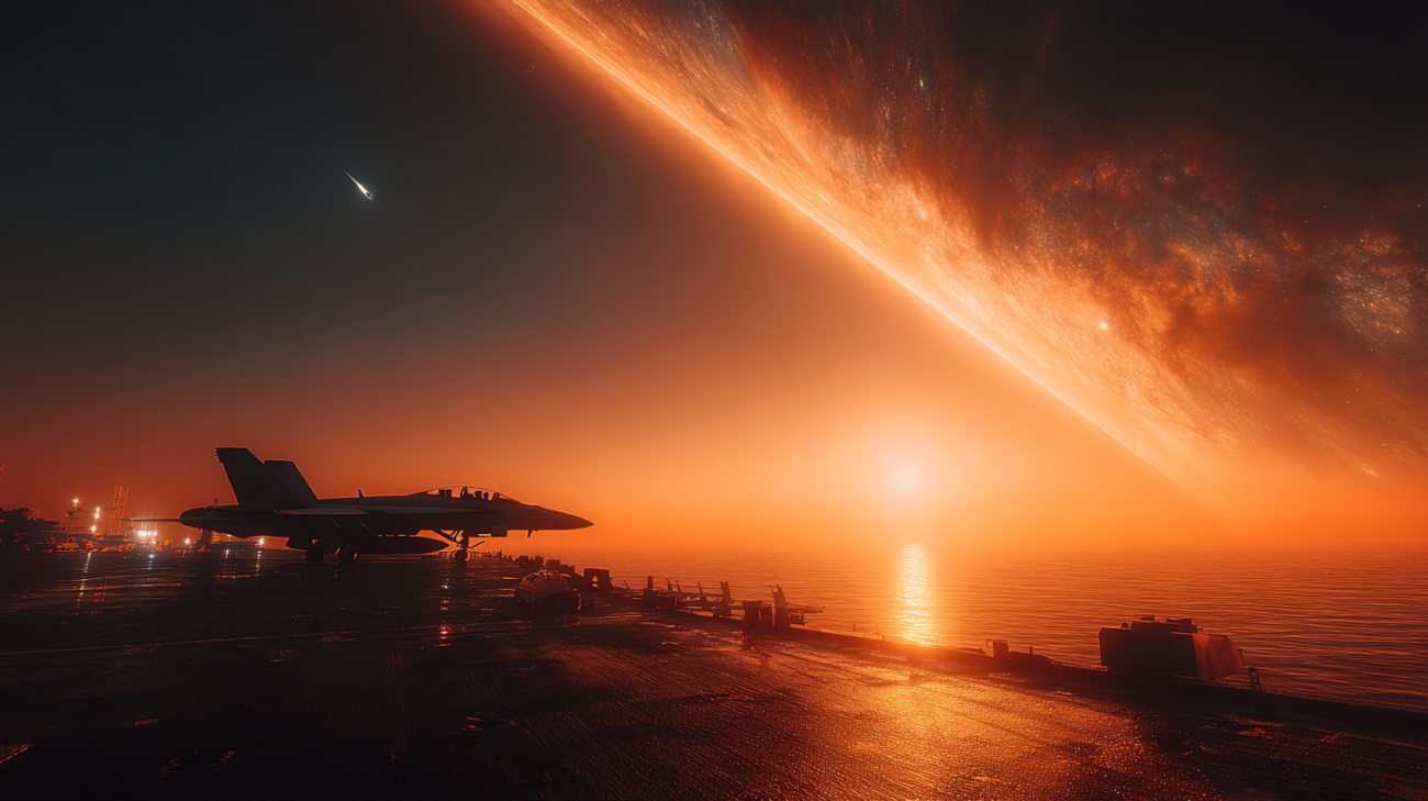 Dunkles Carrier-Deck bei Nacht mit Funkstimmung und Blick in den offenen Himmel.