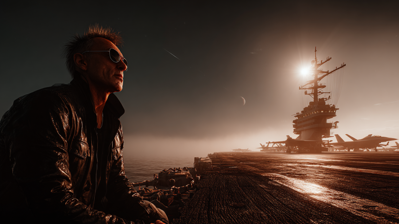 Ein dunkles Carrier-Deck bei Nacht, darüber ein Flugzeug im Orbit.