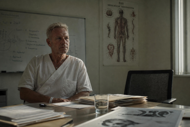 Ein Besprechungstisch nach einer medizinischen Planung. Kein Krankenhaus-Pathos. Die Lücke ist der Heimweg.