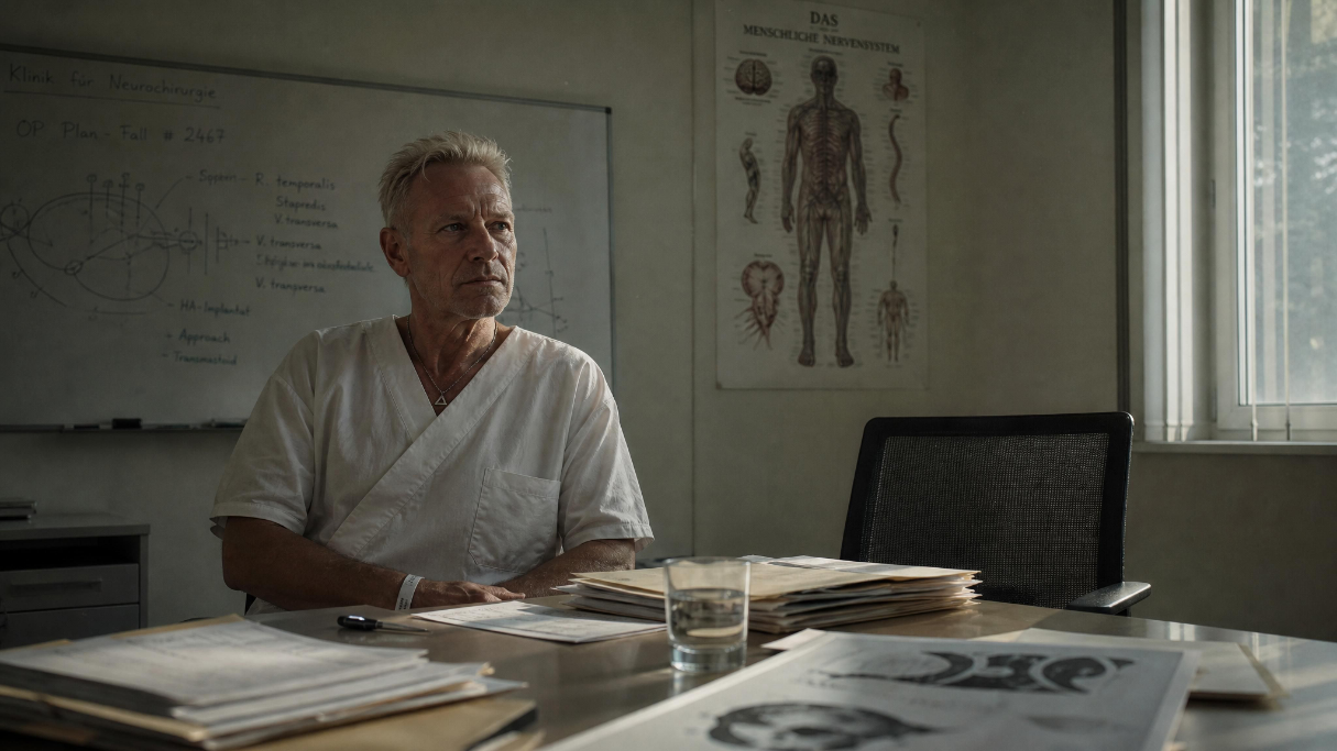 Ein Besprechungstisch nach einer medizinischen Planung. Kein Krankenhaus-Pathos. Die Lücke ist der Heimweg.