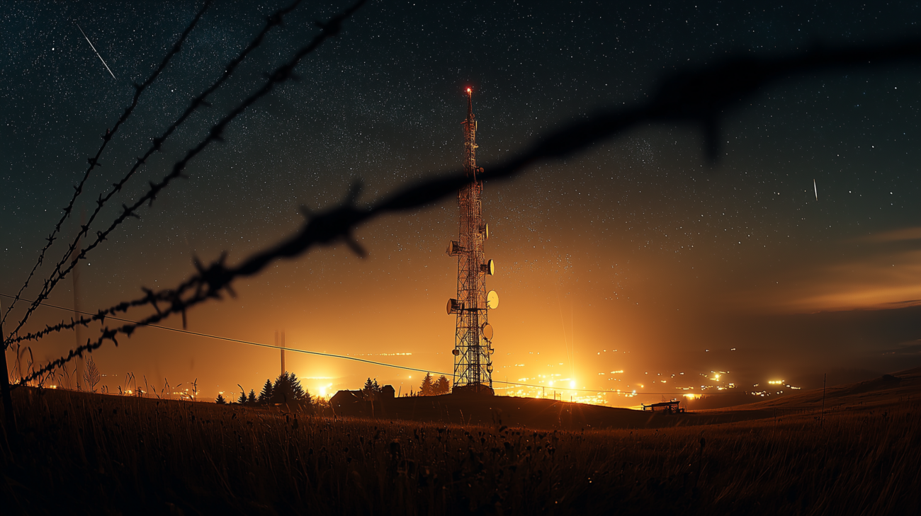 Eine nächtliche Grenzlandschaft mit altem Turm, Zaunlinie und schwachem Funksignal im Dunkeln.