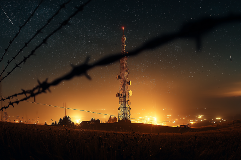 Eine nächtliche Grenzlandschaft mit altem Turm, Zaunlinie und schwachem Funksignal im Dunkeln.