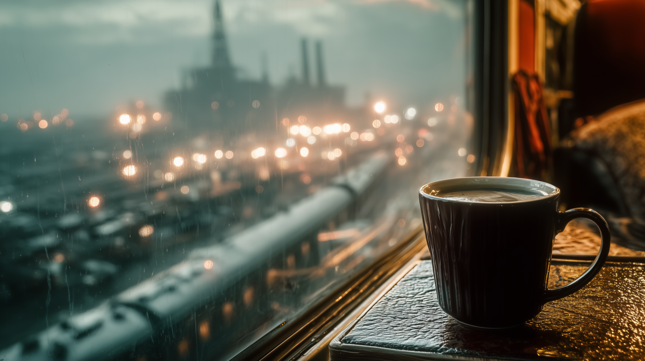 Cold railway waiting room with a hotel window, a lonely coffee cup, and a city held in evening haze