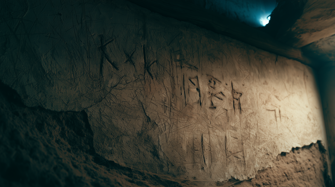 Beschädigte Wand in einem verlassenen Raum, mit Kratzspuren, Staub, eingeritzten Zeichen und schwachem Radioflimmern im Gebälk.