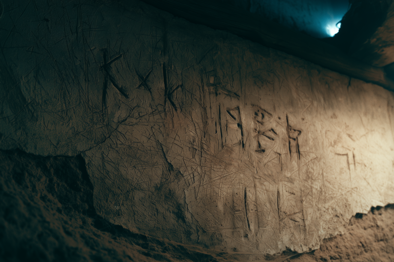 Beschädigte Wand in einem verlassenen Raum, mit Kratzspuren, Staub, eingeritzten Zeichen und schwachem Radioflimmern im Gebälk.